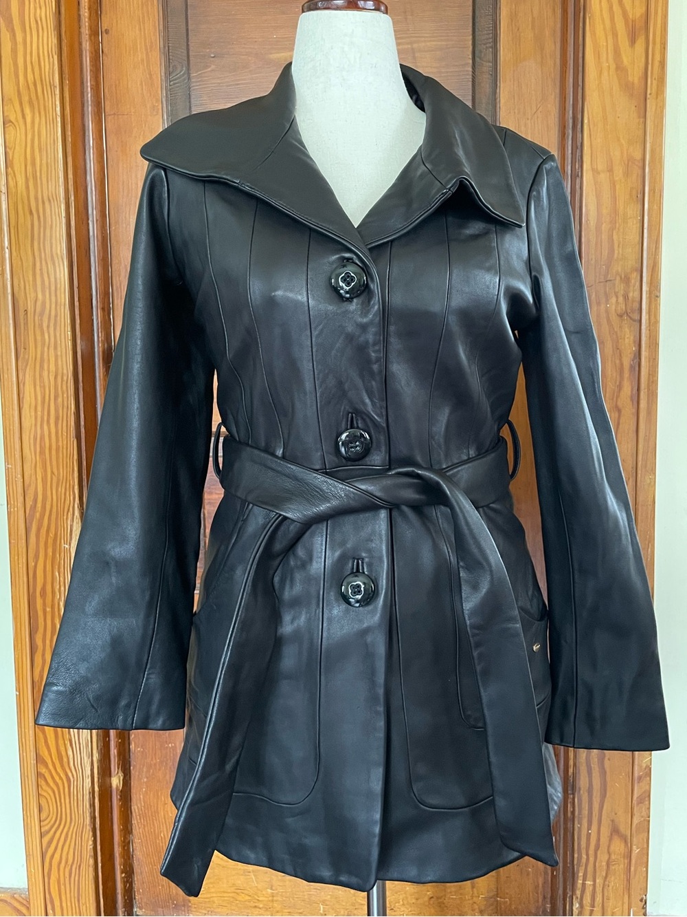 Ellen Tracy Black Leather Belted Coat